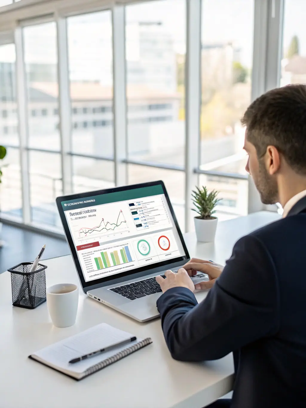 A compliance officer reviewing a dashboard displaying real-time compliance metrics and security policies.