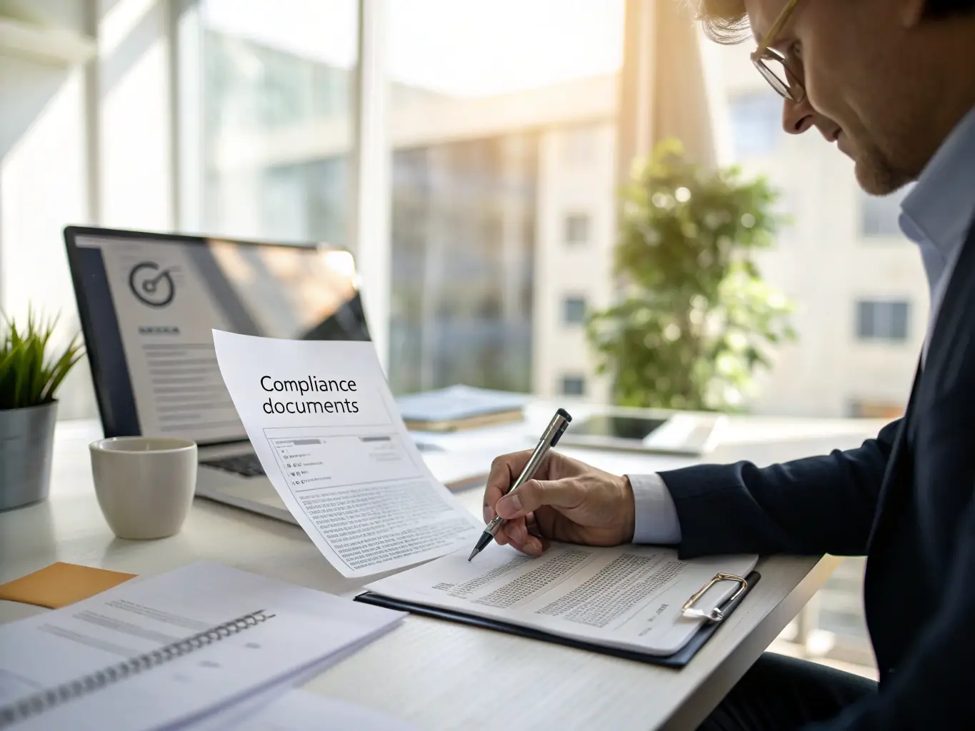An image of a compliance officer reviewing security policies and dashboards on a computer screen, highlighting governance, risk, and compliance.