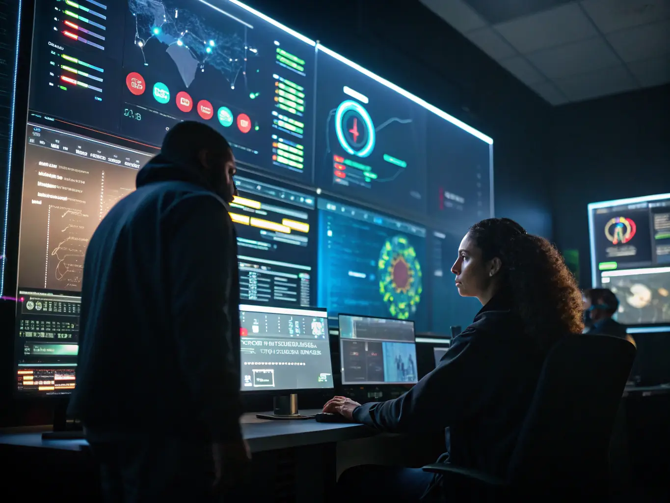 An image showing cybersecurity analysts monitoring threat dashboards and conducting vulnerability scans, emphasizing proactive threat detection.